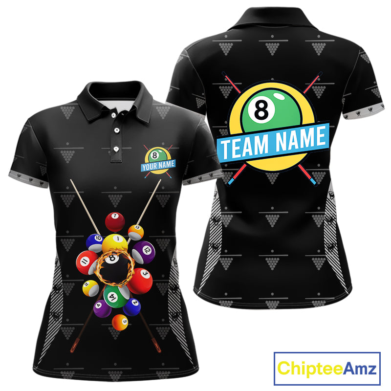 Custom Black Billiard Jerseys Polo & Quarter Zip For Women, 8 Ball Pool Billiard Team Shirts TDM3979