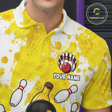 Load image into Gallery viewer, Close-up of a funny yellow banana bowling polo shirt collar, buttons, and banana artwork.