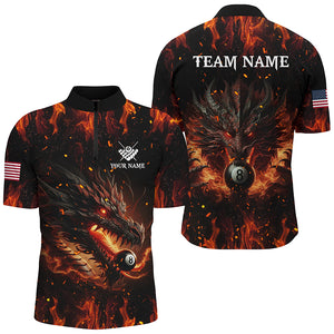 Personalized Dragon 8 Ball Pool Fire Flame Men Polo & Quarter-Zip Shirts, Unique Billiard Attire TDM2008