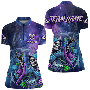 Death Skeleton Blue Purple Galaxy Dart Shirts For Women Custom Darts Jerseys TDM3561