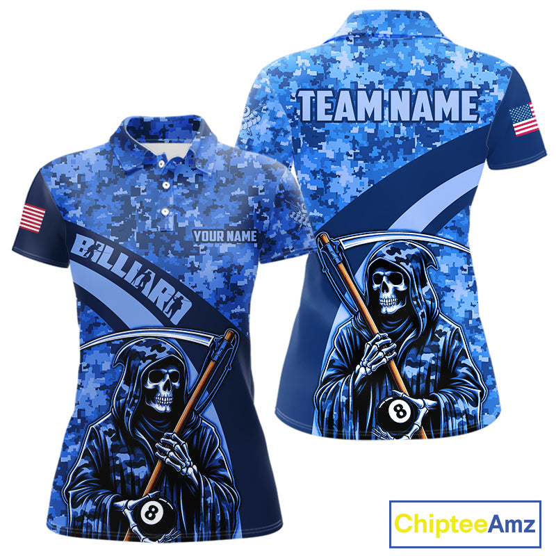 Personalized Death Skeleton Blue Camo Billiard Shirts For Women Custom Military Billiard Jerseys TDM3985