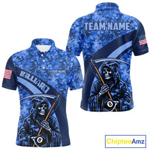 Load image into Gallery viewer, Personalized Death Skeleton Blue Camo Billiard Shirts For Men Custom Military Billiard Jerseys TDM3985