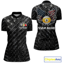 Load image into Gallery viewer, Black US Flag 9 Ball Pool Wings Billiard Shirt For Women Custom Billiard Team Jersey Polo &amp; 1/4 Zip TDM6340