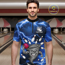 Load image into Gallery viewer, Man wearing a blue thunder lightning tornado bowling quarter zip jersey during league competition front view.