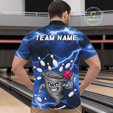 Load image into Gallery viewer, Back view of man wearing a blue thunder lightning tornado bowling quarter zip shirt in a bowling alley.