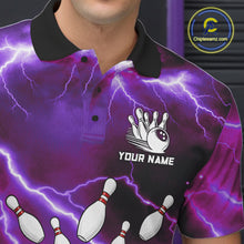 Load image into Gallery viewer, Close-up of a purple thunder lightning tornado bowling polo shirt collar, buttons, and storm artwork.