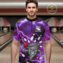 Load image into Gallery viewer, Man wearing a purple thunder lightning tornado bowling quarter zip jersey during league competition front view.