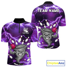 Load image into Gallery viewer, Purple thunder lightning tornado bowling quarter zip shirt for men designed for league tournaments and team events.
