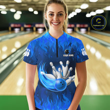 Load image into Gallery viewer, Personalized Flame Blue Bowling Shirt For Women Custom Fire Bowling Team Jersey Polo &amp; 1/4 Zip TDM6090