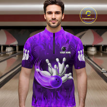 Load image into Gallery viewer, Personalized Flame Purple Bowling Shirt For Men Custom Fire Bowling Team Jersey Polo &amp; 1/4 Zip TDM6091