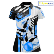 Load image into Gallery viewer, Custom Smoke Bowling Pins Polo &amp; Quarter Zip Shirt For Women, Bowling League Team Jersey |Blue TDM6522