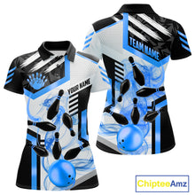 Load image into Gallery viewer, Custom Smoke Bowling Pins Polo &amp; Quarter Zip Shirt For Women, Bowling League Team Jersey |Blue TDM6522