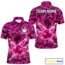 Load image into Gallery viewer, Custom Pink Camo Lightning Flame Bowling Jersey For Men, Bowling Team Shirts Polo &amp; 1/4 Zip TDM6524
