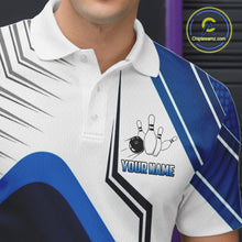 Load image into Gallery viewer, Custom White And Blue Bowling Ball Polo &amp; Quarter Zip For Men, Bowling Team Shirts, Bowling Jersey TDM6525