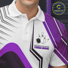 Load image into Gallery viewer, Custom White And Purple Bowling Ball Polo &amp; Quarter Zip For Men, Bowling Team Shirt, Bowling Jersey TDM6527