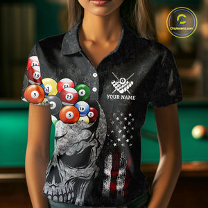 Personalized Grunge Skull Billiard Shirt For Women Custom Patriotic American Flag Pool Team Jerseys TDM4196