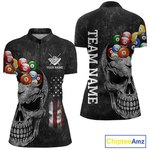 Personalized Grunge Skull Billiard Shirt For Women Custom Patriotic American Flag Pool Team Jerseys TDM4196