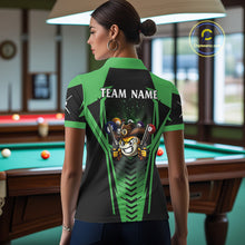 Load image into Gallery viewer, Back view of woman wearing a green 9 ball cowboy pool shirt in a billiards hall.