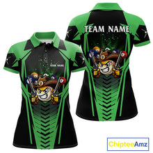 Load image into Gallery viewer, Green 9 ball cowboy billiard polo shirt for women with funny pool team graphics.