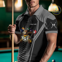 Load image into Gallery viewer, Man wearing a grey 9 ball cowboy billiard jersey beside a pool table front view.