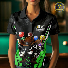 Load image into Gallery viewer, Woman wearing a black and green 8 ball and 9 ball billiard jersey beside a pool table front view.