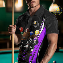 Load image into Gallery viewer, Man wearing a black and purple 8 ball and 9 ball billiard jersey beside a pool table front view.