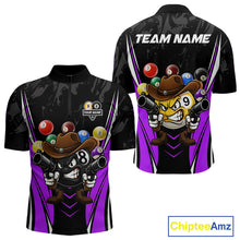 Load image into Gallery viewer, Black and purple 8 ball and 9 ball billiard quarter zip shirt for men designed for league tournaments and team events.
