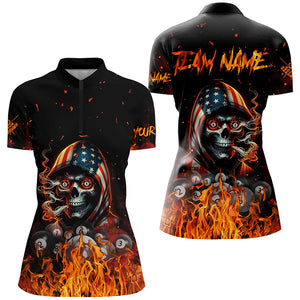 Funny Skull US Flag Fire Custom Billiard Shirts For Women, Patriotic Billiard Jerseys Apparel TDM2240