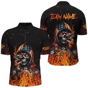 Funny Skull US Flag Fire Custom Billiard Shirts For Men, Patriotic Billiard Jerseys Apparel TDM2240