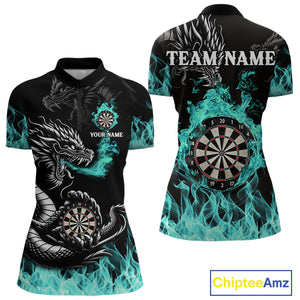 Personalized Turquoise Flaming Dragon Darts Shirt For Women Custom Darts Team Jersey Polo & 1/4 Zip TDM4592