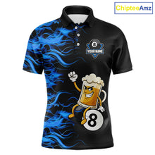 Load image into Gallery viewer, Blue Flaming Funny Beer 8 Ball Billiard Shirt For Men Custom Pool Team Jersey Polo &amp; 1/4 Zip TDM5937