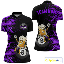 Load image into Gallery viewer, Purple Flaming Funny Beer 8 Ball Billiard Shirt For Women Custom Pool Team Jersey Polo &amp; 1/4 Zip TDM5938