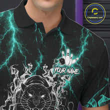 Load image into Gallery viewer, Close-up of a turquoise flaming panther bowling polo shirt collar, buttons, and panther artwork details.