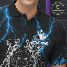 Load image into Gallery viewer, Close-up of a blue flaming panther bowling polo shirt collar, buttons, and panther artwork details.