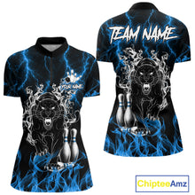 Load image into Gallery viewer, Blue flaming panther bowling quarter zip shirt for women designed for league tournaments and team events.