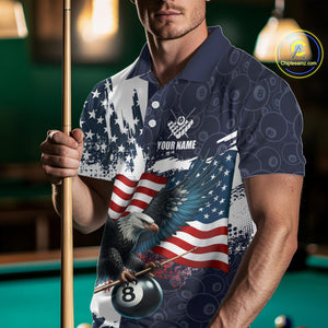 Personalized American Flag Eagle Men Billiard Shirt Custom Patriotic 8 Ball Pool Team Jersey |Navy TDM4369