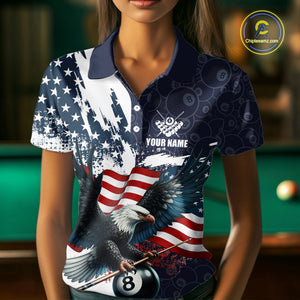 Personalized American Flag Eagle Women Billiard Shirt Custom Patriotic 8 Ball Pool Team Jersey |Navy TDM4369