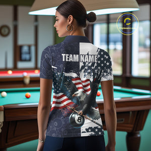 Personalized American Flag Eagle Women Billiard Shirt Custom Patriotic 8 Ball Pool Team Jersey |Navy TDM4369