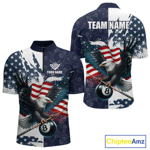 Personalized American Flag Eagle Men Billiard Shirt Custom Patriotic 8 Ball Pool Team Jersey |Navy TDM4369