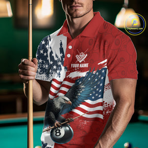 Personalized American Flag Eagle Men Billiard Shirt Custom Patriotic 8 Ball Pool Team Jersey |Red TDM4370