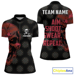 Funny Red Camo Darts Skull Aim Shoot Swear Repeat Custom Dart Shirts For Women, Darts Team Jersey TDM4797