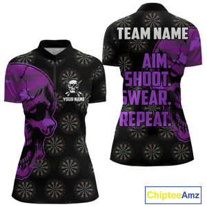 Funny Purple Camo Darts Skull Aim Shoot Swear Repeat Custom Dart Shirts For Women, Darts Team Jersey TDM4798