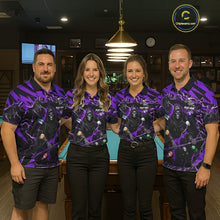 Load image into Gallery viewer, Pool team wearing matching purple grim reaper lightning 8 ball billiard jerseys during tournament competition front view.
