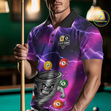 Load image into Gallery viewer, Man wearing a purple 8 ball and 9 ball tornado billiard jersey beside a pool table front view.