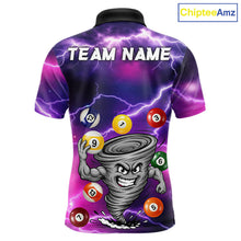 Load image into Gallery viewer, Purple 8 ball and 9 ball tornado billiard polo shirt for men with custom pool team graphics.