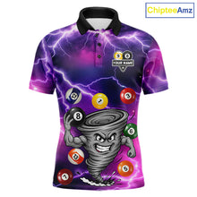 Load image into Gallery viewer, Purple 8 ball and 9 ball tornado billiard polo shirt for men with custom pool team graphics.