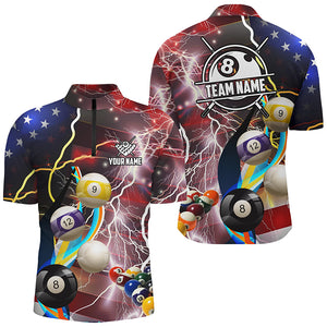Personalized Billiard Balls American Flag Lightning Men Billiard Shirts, Patriotic Billiard Jerseys TDM2043