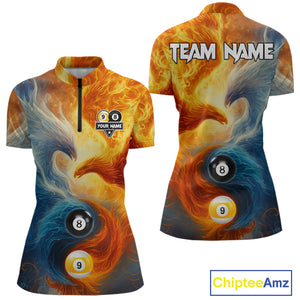Personalized Water Fire Phoenix Yin Yang 8&9 Ball Billiard Shirt For Women, Billiard Team Jerseys TDM4372