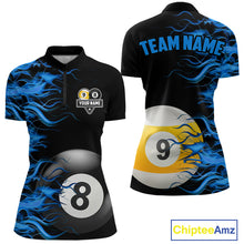 Load image into Gallery viewer, Blue Flaming 8 Ball &amp; 9 Ball Billiard Shirt For Women Custom Pool Team Jersey Polo &amp; 1/4 Zip TDM4377
