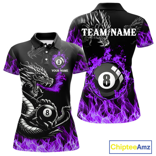 Personalized Purple Flaming Dragon 8 Ball Billiard Shirt For Women, Team League Billiard Jerseys TDM4221